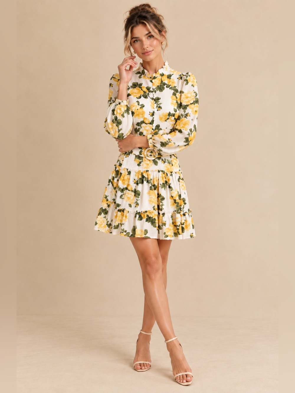 Rachel Parcell Floral Mini Dress High Neck Ruffle Collar Belted Fit & Flare XS - Picture 9 of 9